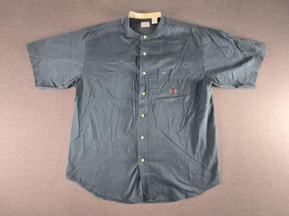 Bugle Boy Company Shirt Mens XL Blue Short Sleeve Button Up Crest Pocket Casual